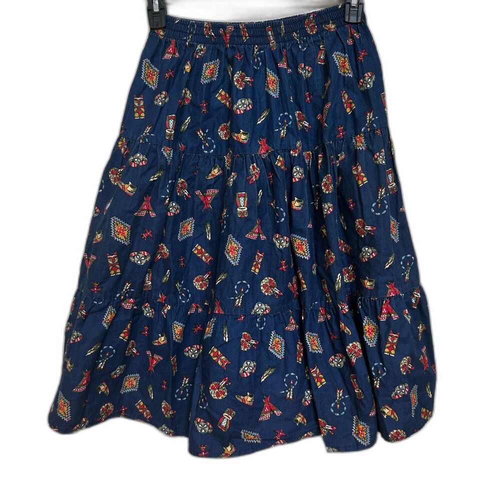 Vintage KWBL Los Angeles Navy Southwestern Cowgirl Tiered Maxi Skirt - Women L - Picture 3 of 5